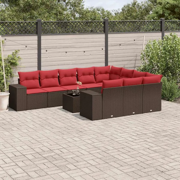 Ensemble de canapé de jardin 11 pcs avec coussins marron résine tressée