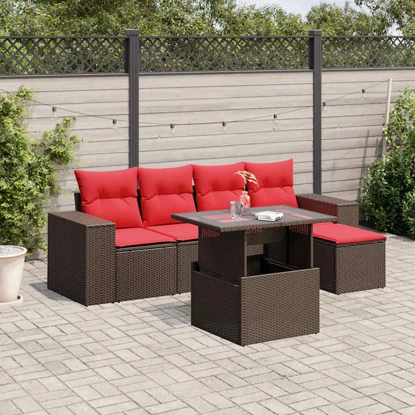 Ensemble de canapé de jardin 6 pcs avec coussins marron résine tressée