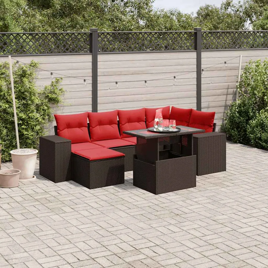 Ensemble de canapé de jardin 7 pcs avec coussins marron résine tressée