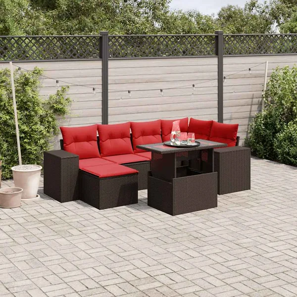 Ensemble de canapé de jardin 7 pcs avec coussins marron résine tressée