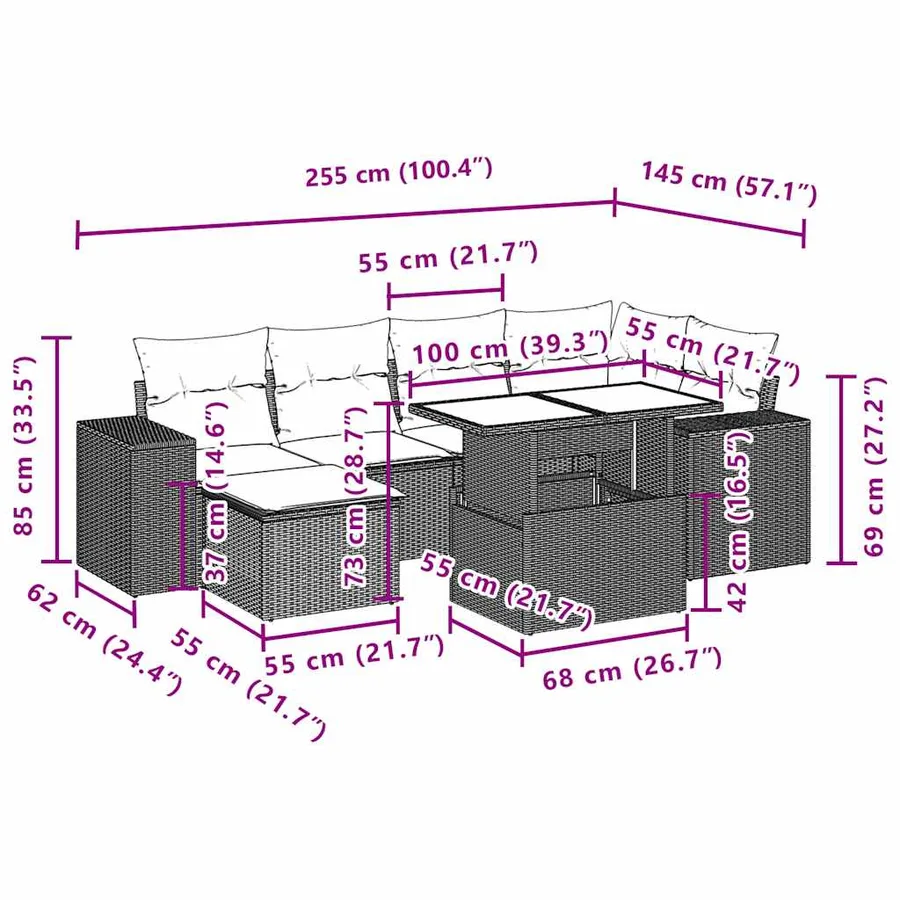 Ensemble de canapé de jardin 7 pcs avec coussins marron résine tressée - 11