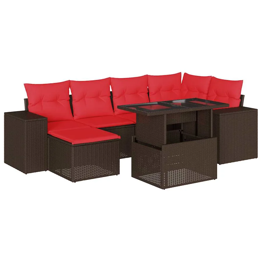 Ensemble de canapé de jardin 7 pcs avec coussins marron résine tressée - 2
