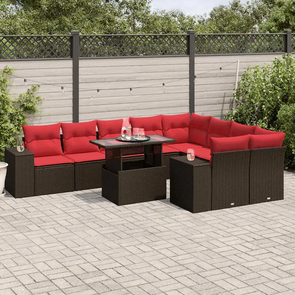 Ensemble de canapé de jardin 10 pcs avec coussins marron résine tressée