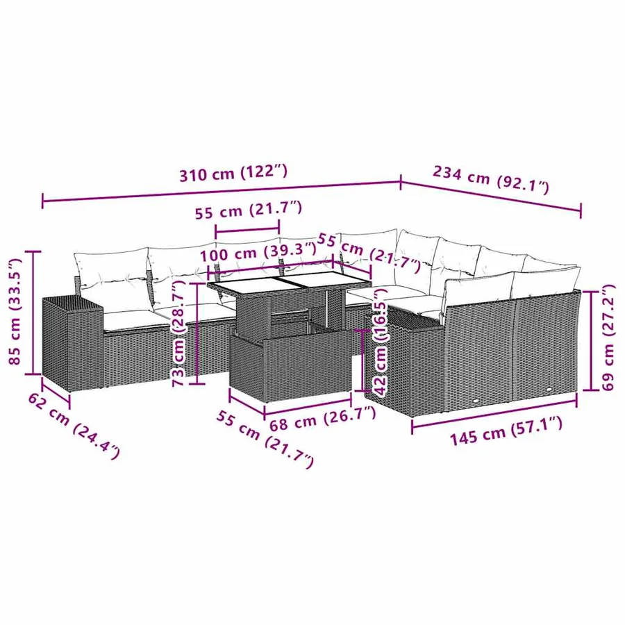Ensemble de canapé de jardin 10 pcs avec coussins marron résine tressée - 10