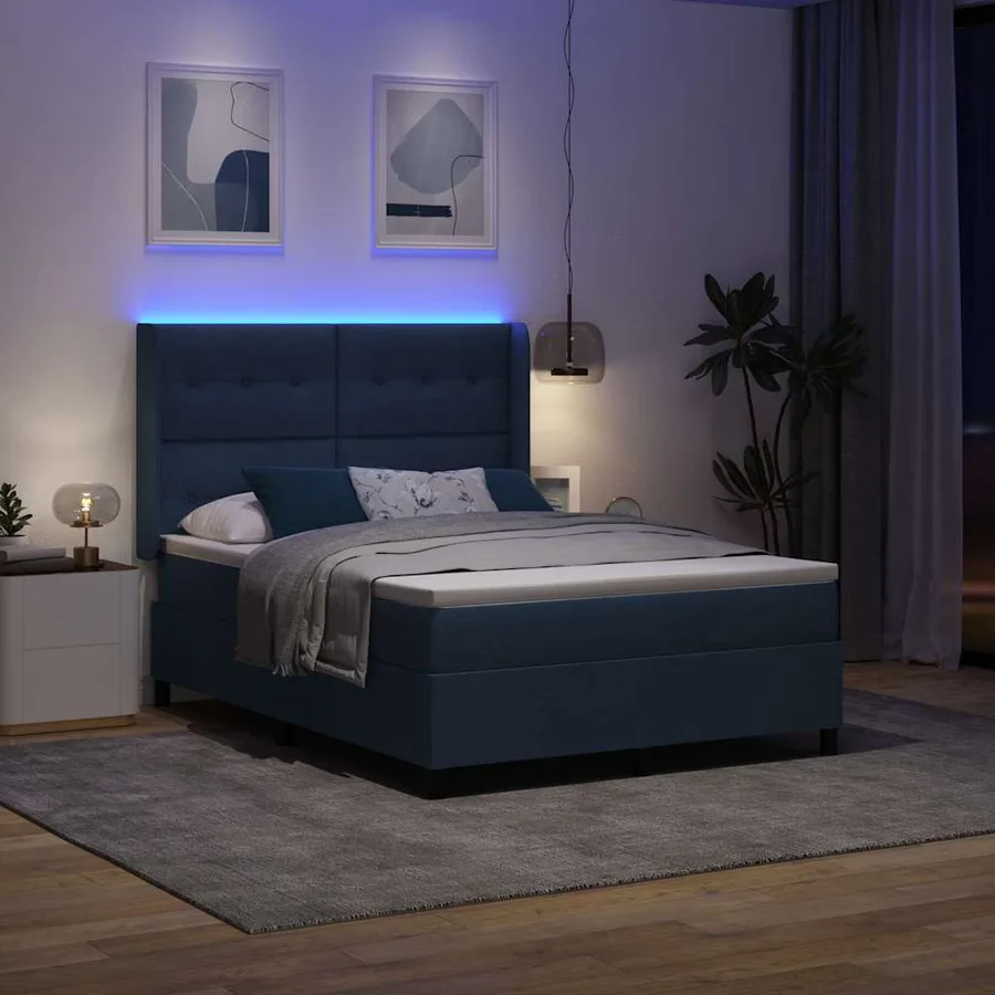 Lit à ressorts avec coussin Bleu 200 x 140 cm tissu - 4