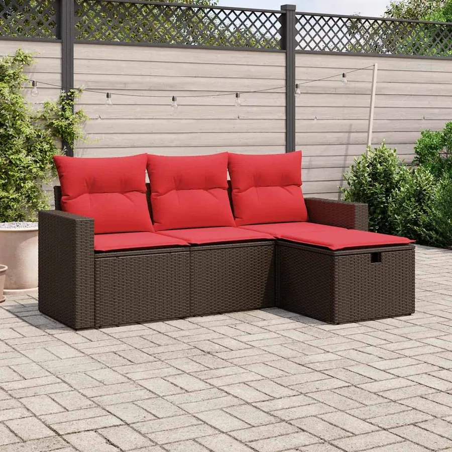 Ensemble de canapé de jardin 4 pcs avec coussins marron résine tressée