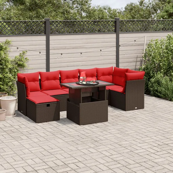 Ensemble de canapé de jardin 8 pcs avec coussins marron résine tressée
