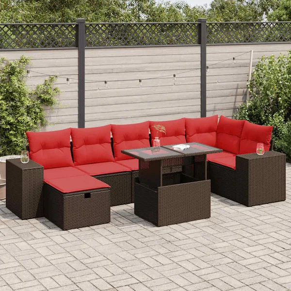 Salon de jardin avec coussins 8 pcs noir résine tressée acacia