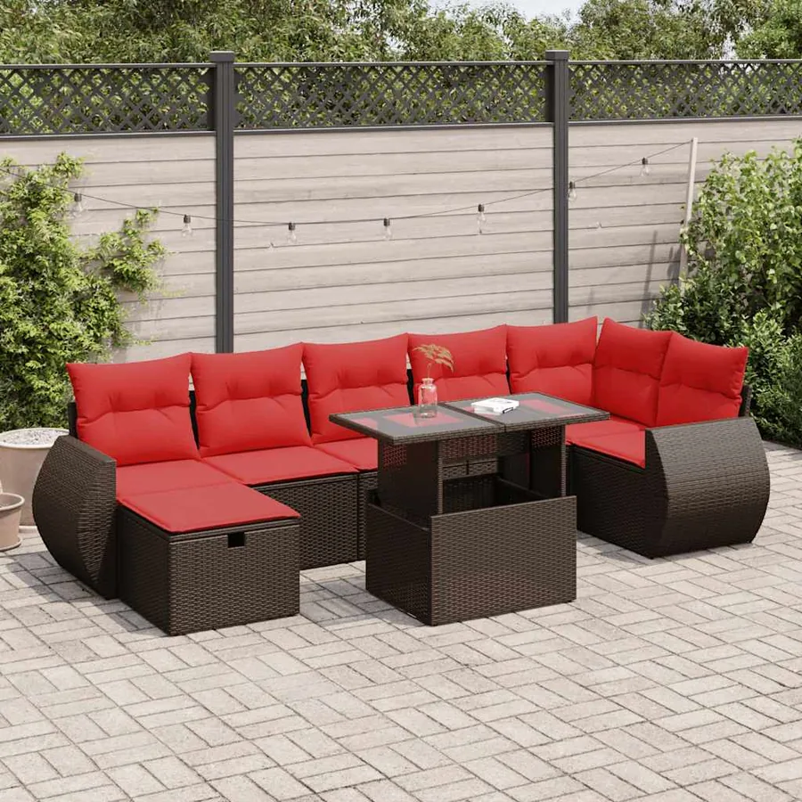 Salon de jardin avec coussins 8 pcs marron résine tressée acacia