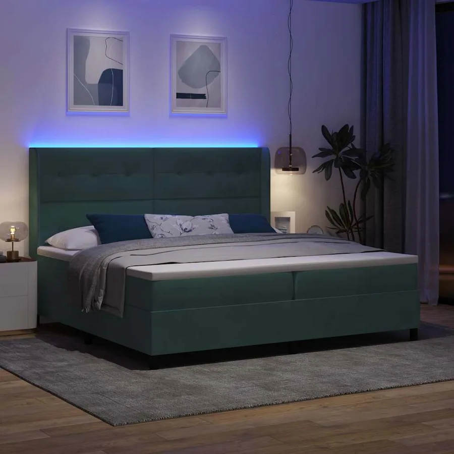 Lit à ressorts avec bandes LED Vert foncé 200 x 200 cm Velours - 5