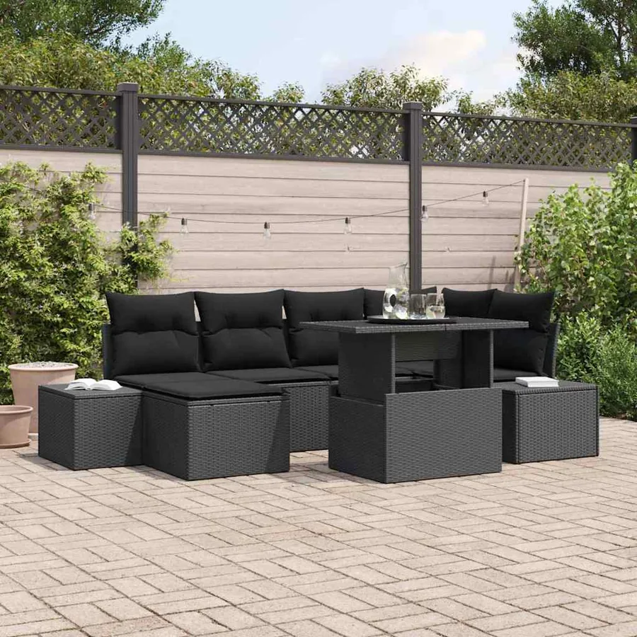 Ensemble de canapé de jardin avec coussin 7 pcs Noir polyrotin