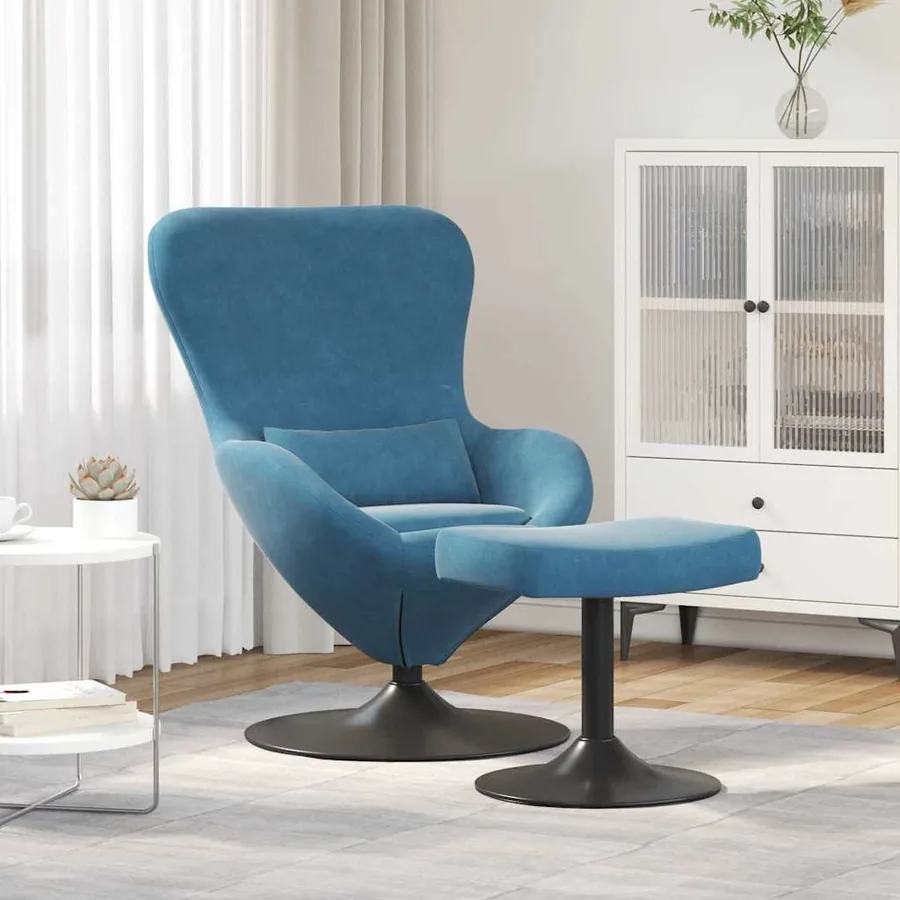 Chaise Œuf avec Pouf with Footstool Bleu Velours