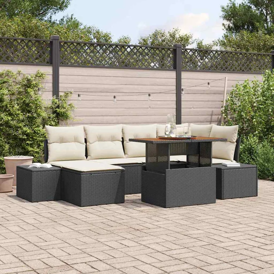Ensemble de canapé de jardin 7 pcs Noir Poly rotin