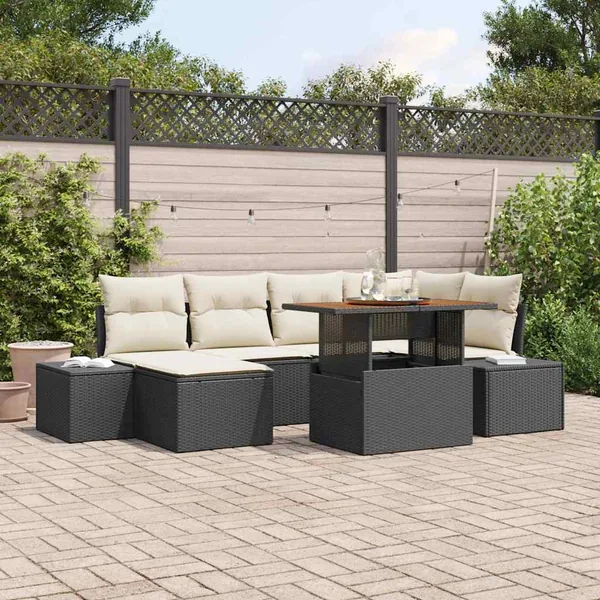 Ensemble de canapé de jardin 7 pcs Noir Poly rotin