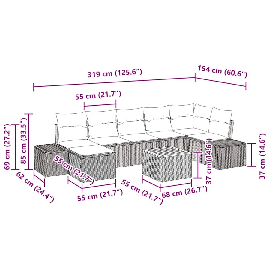 Ensemble de canapé de jardin avec coussin 8 pcs Gris Poly rotin - 15