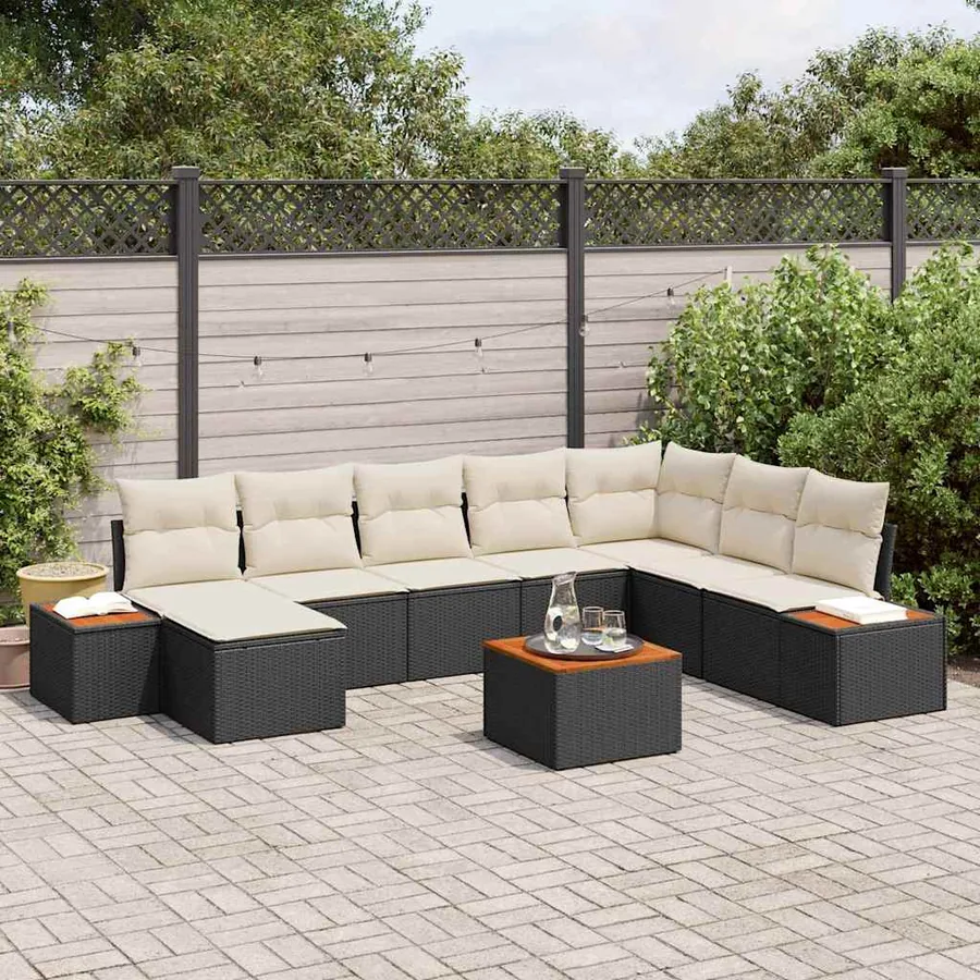 Ensemble de canapé de jardin avec coussin 9 pcs Noir Poly rotin