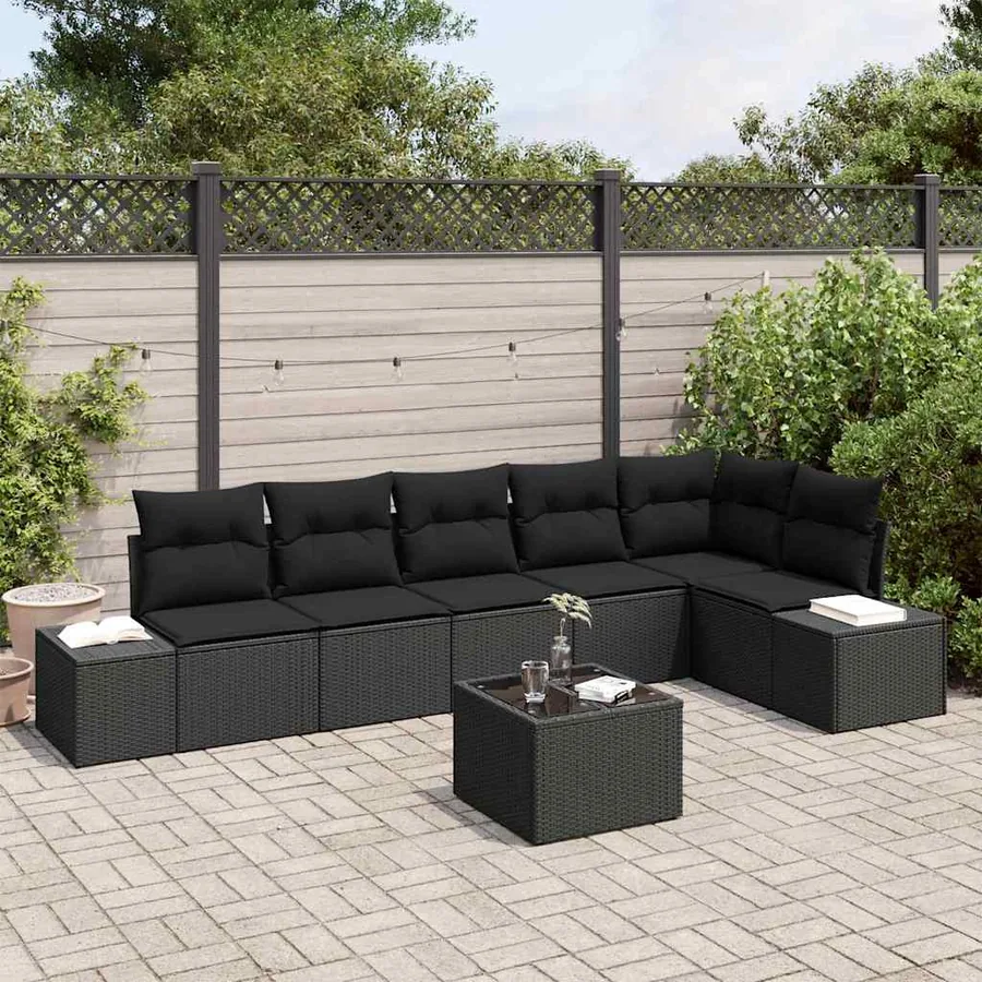 Ensemble de canapé de jardin avec coussin 7 pcs Noir polyrotin