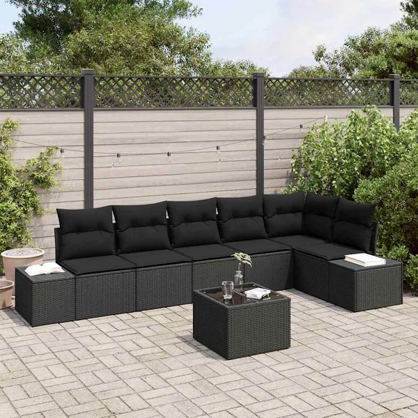 Ensemble de canapé de jardin avec coussin 7 pcs Noir polyrotin