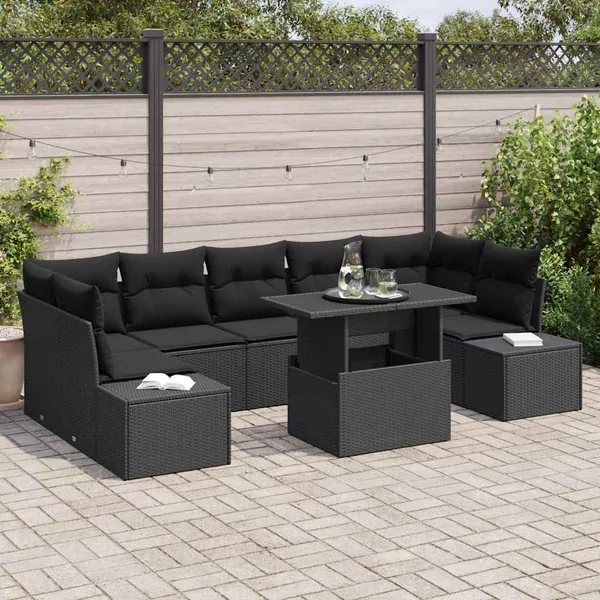 Ensemble de Canapés avec coussin 8 pcs Noir polyrotin