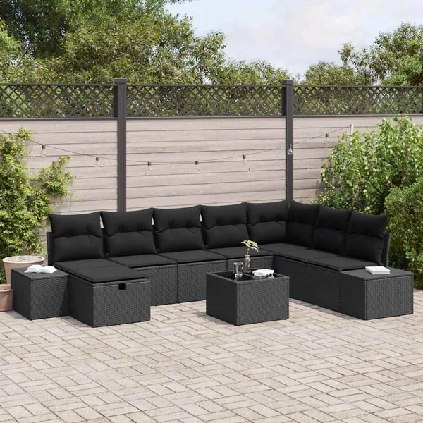 Ensemble de canapé de jardin avec coussin 9 pcs Noir polyrotin