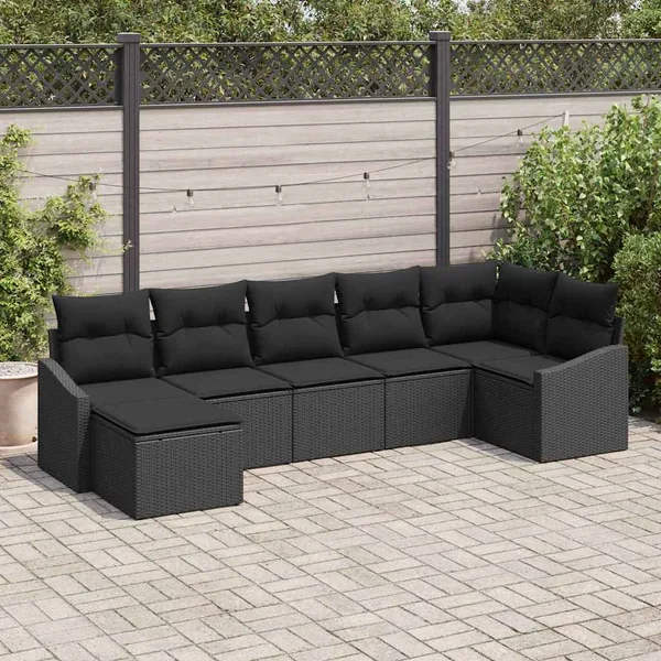 Ensemble de canapé de jardin avec coussin 7 pcs Noir polyrotin
