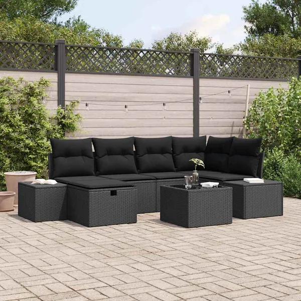 Ensemble de canapé de jardin avec coussin 7 pcs Noir polyrotin