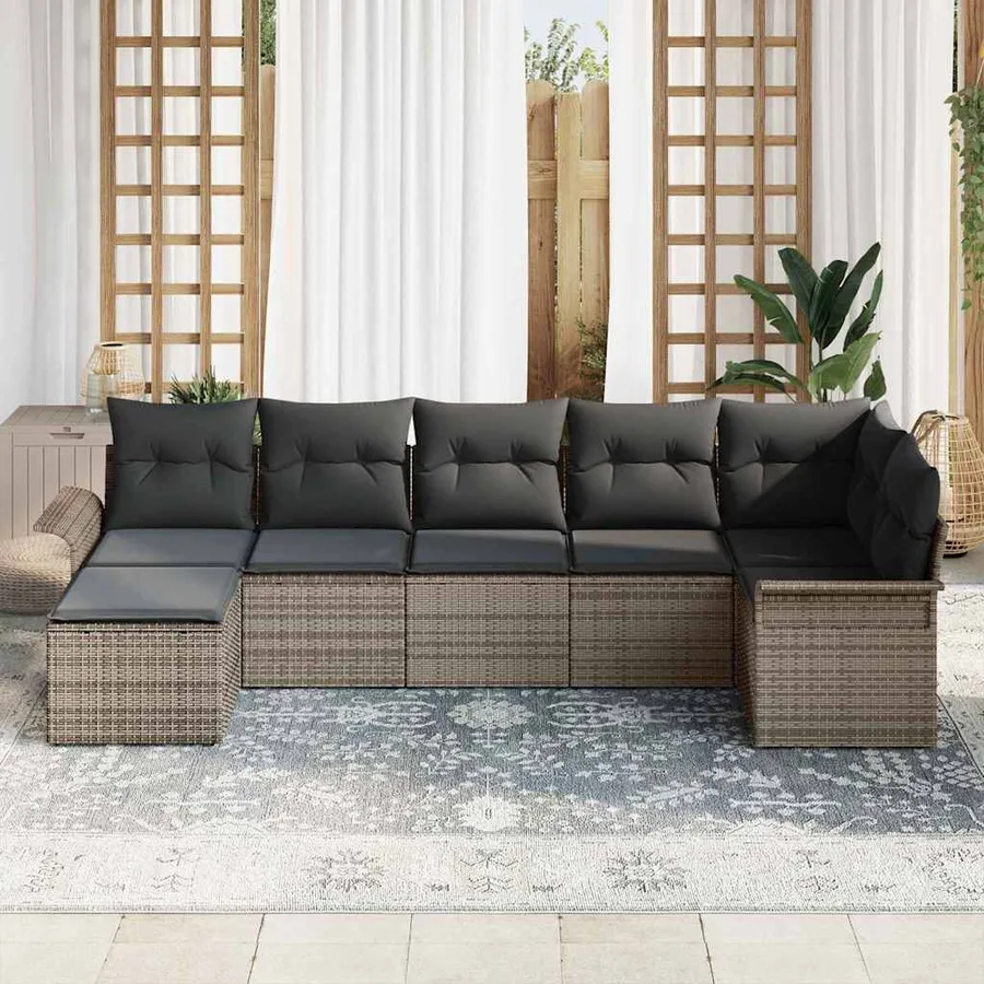 Ensemble de canapé de jardin avec coussin 7 pcs Gris polyrotin - 3