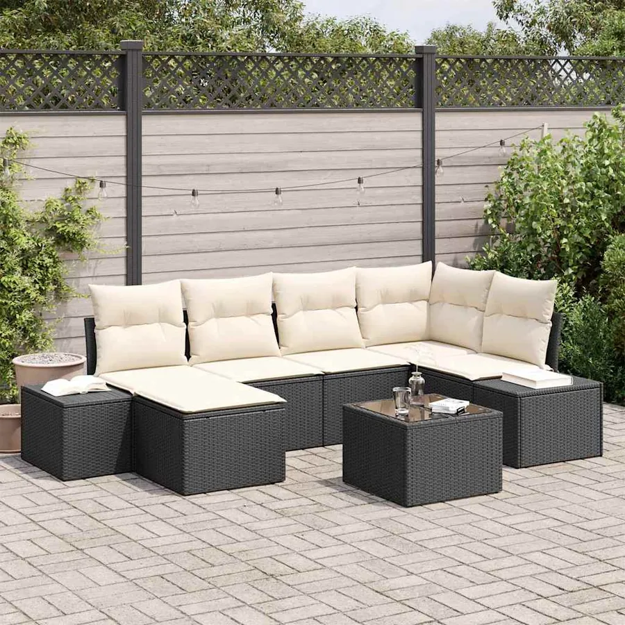 Ensemble de canapé de jardin 7 pcs Noir et crème Poly rotin