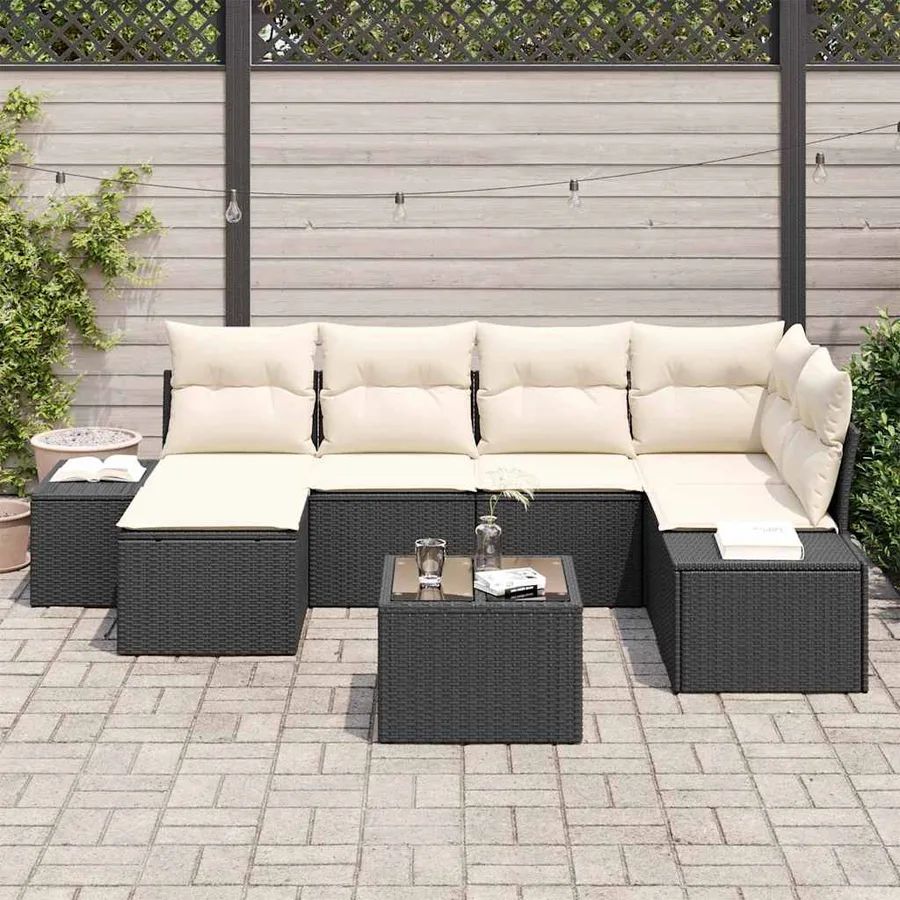 Ensemble de canapé de jardin 7 pcs Noir et crème Poly rotin - 3