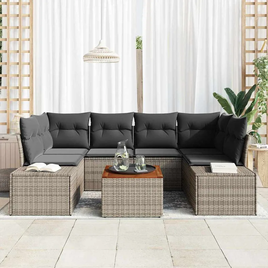 Ensemble de canapé de jardin avec coussin 7 pcs Gris polyrotin - 3