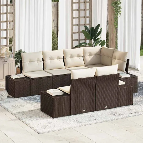 Ensemble de canapé de jardin 7 pcs Marron et crème Poly rotin
