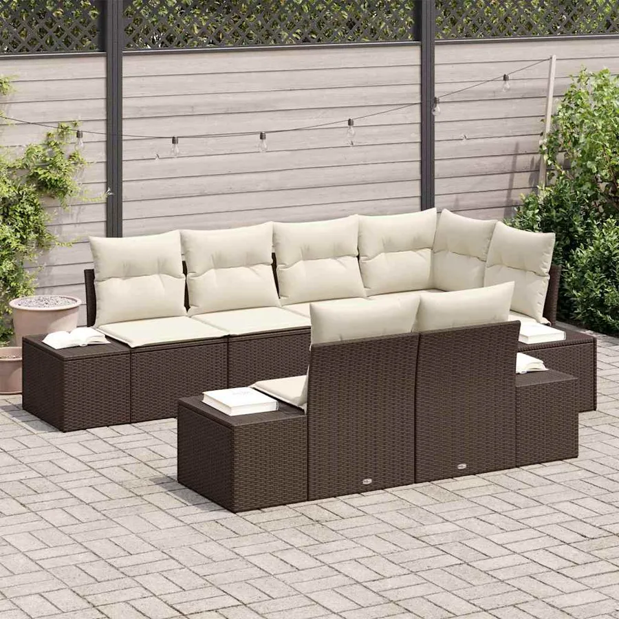Ensemble de canapé de jardin 7 pcs Marron et crème Poly rotin - 3
