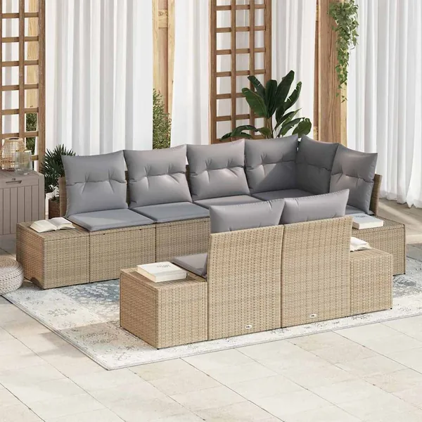 Ensemble de canapé de jardin 7 pcs Beige et gris polyrotin