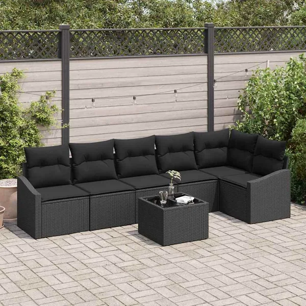 Ensemble de Canapés avec coussin 7 pcs Noir polyrotin