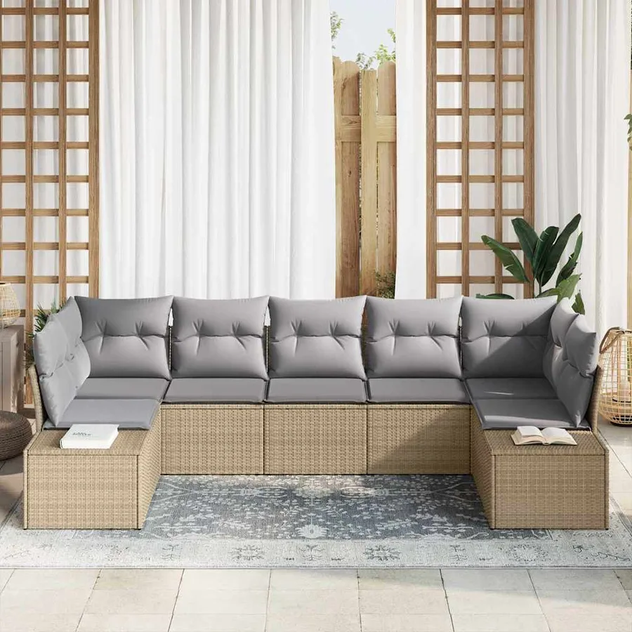 Ensemble de canapé de jardin avec coussin 7 pcs Beige polyrotin - 3