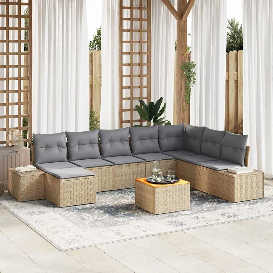 Ensemble de canapé de jardin avec coussin 9 pcs Beige polyrotin