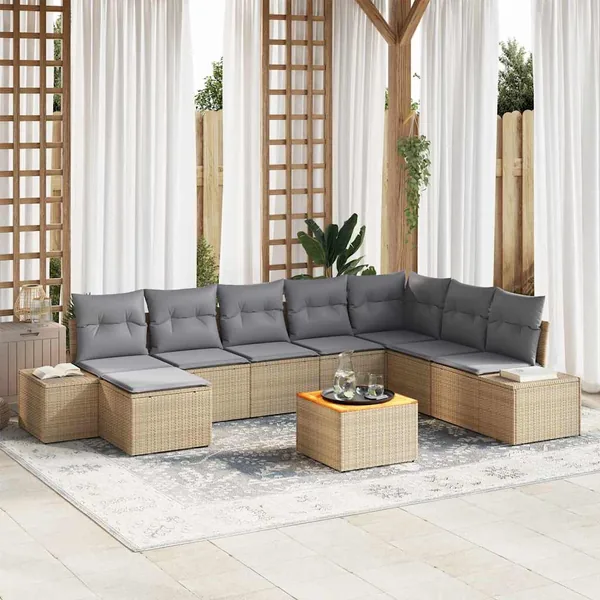 Ensemble de canapé de jardin avec coussin 9 pcs Beige polyrotin