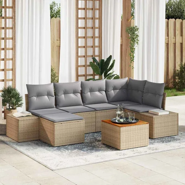 Ensemble de canapé de jardin avec coussin 7 pcs Beige polyrotin