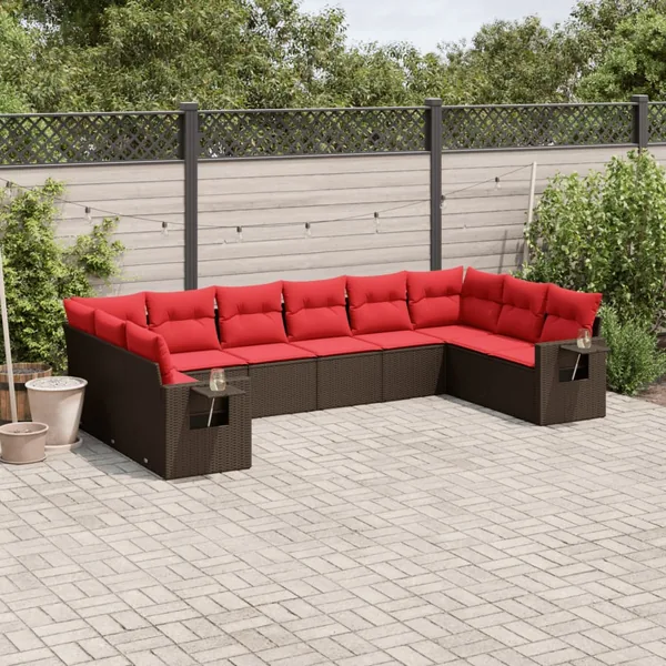 Ensemble de canapé de jardin 10 pcs avec coussins marron résine tressée
