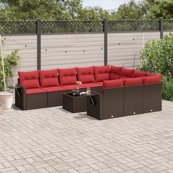 Ensemble de canapé de jardin 11 pcs avec coussins marron résine tressée