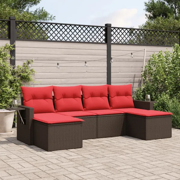 Ensemble de canapé de jardin 6 pcs avec coussins marron résine tressée