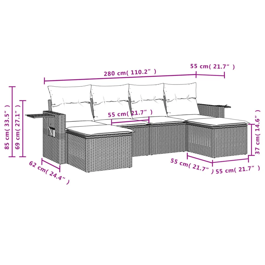Ensemble de canapé de jardin 6 pcs avec coussins marron résine tressée - 8