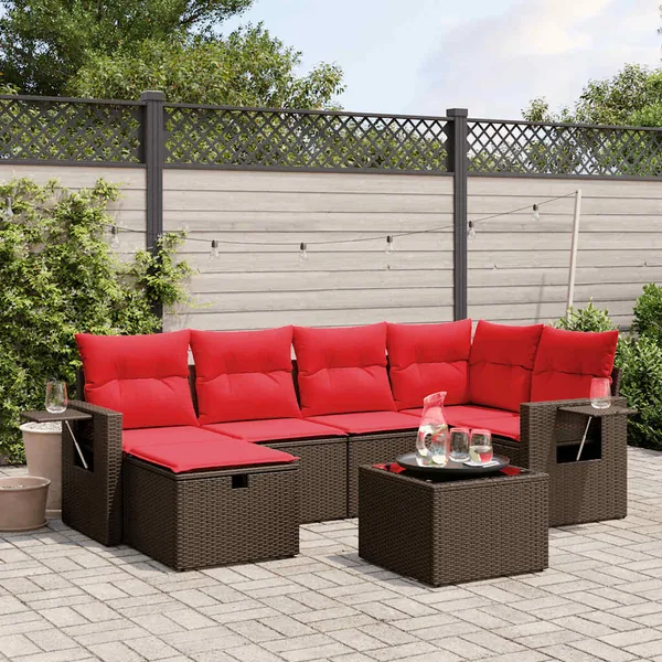 Ensemble de canapé de jardin 7 pcs avec coussins marron résine tressée