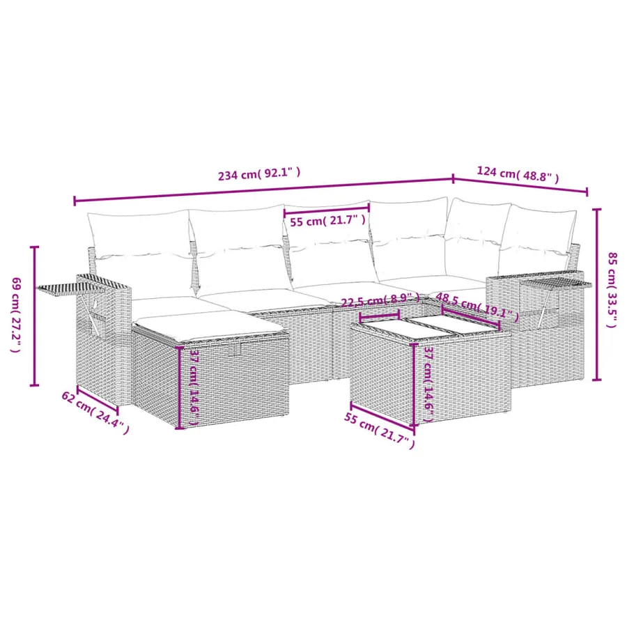 Ensemble de canapé de jardin 7 pcs avec coussins marron résine tressée - 4