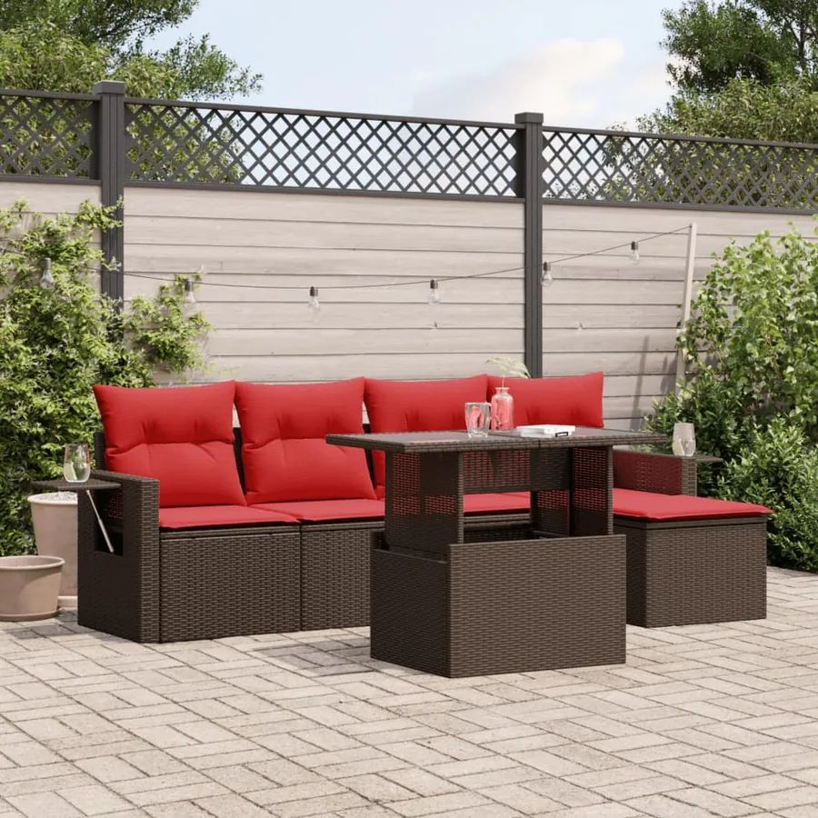 Ensemble de canapé de jardin 6 pcs avec coussins marron résine tressée