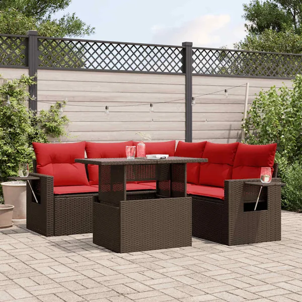 Ensemble de canapé de jardin 6 pcs avec coussins marron résine tressée
