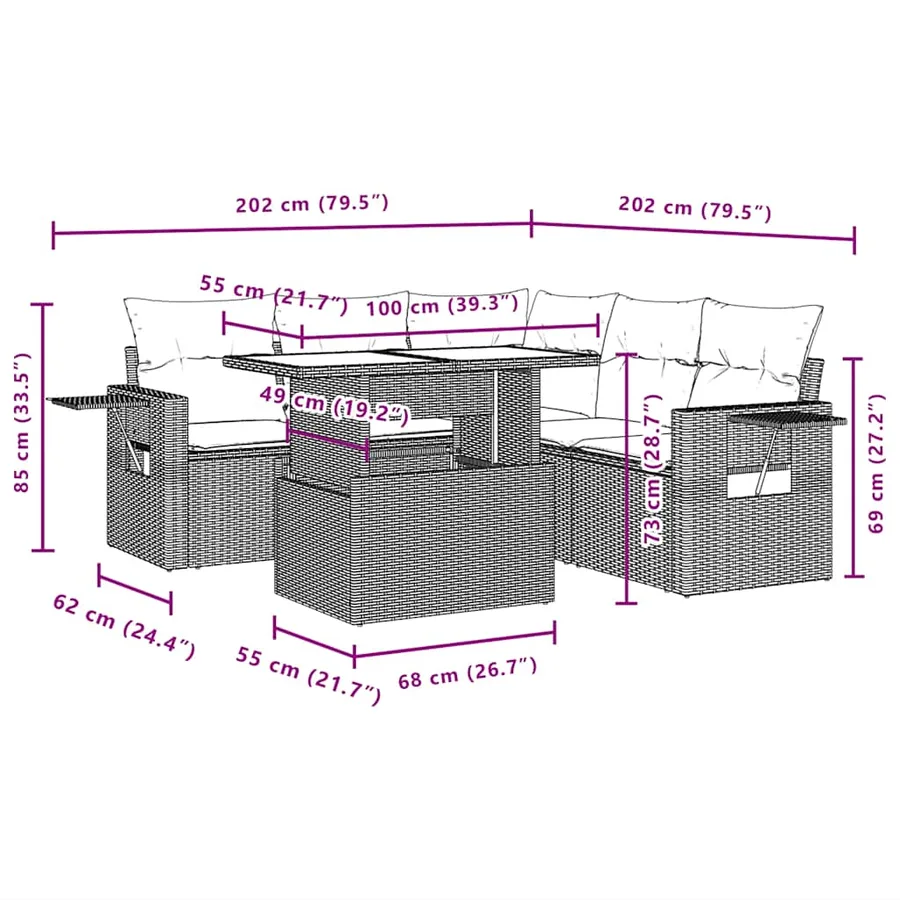 Ensemble de canapé de jardin 6 pcs avec coussins marron résine tressée - 11
