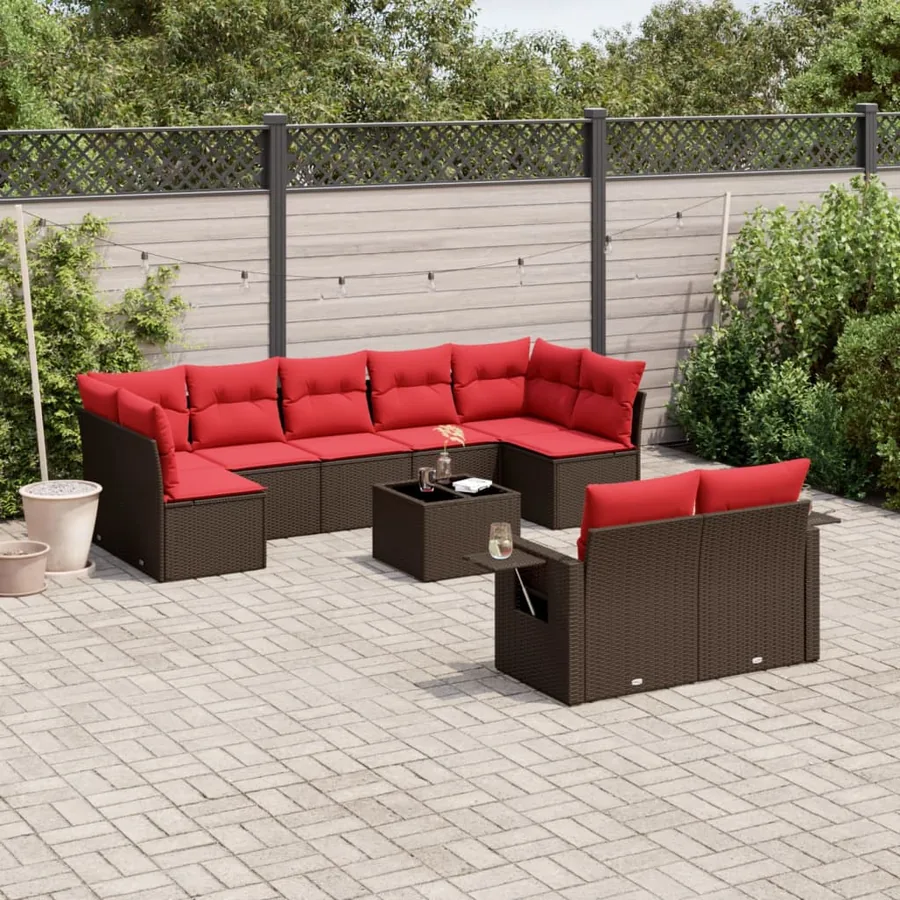 Ensemble de canapé de jardin 10 pcs avec coussins marron résine tressée