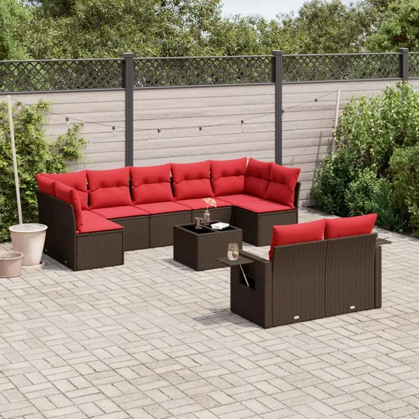 Ensemble de canapé de jardin 10 pcs avec coussins marron résine tressée