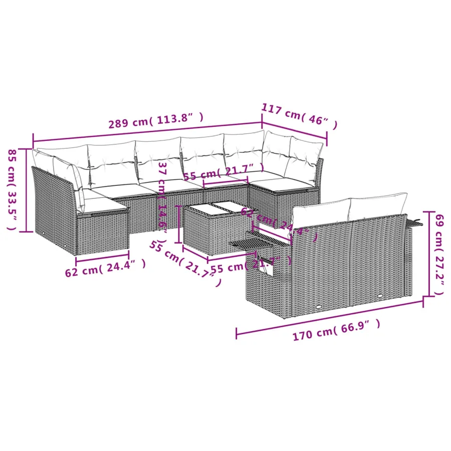 Ensemble de canapé de jardin 10 pcs avec coussins marron résine tressée - 9